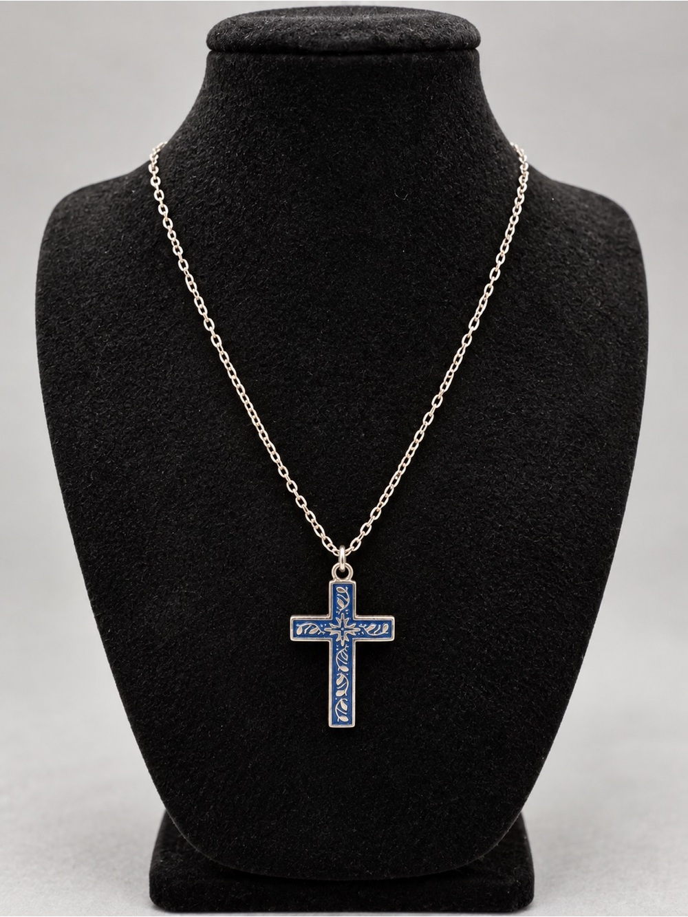 Silver Tone Blue Enamel Cross Pendant Necklace Religious Christian Jewelry